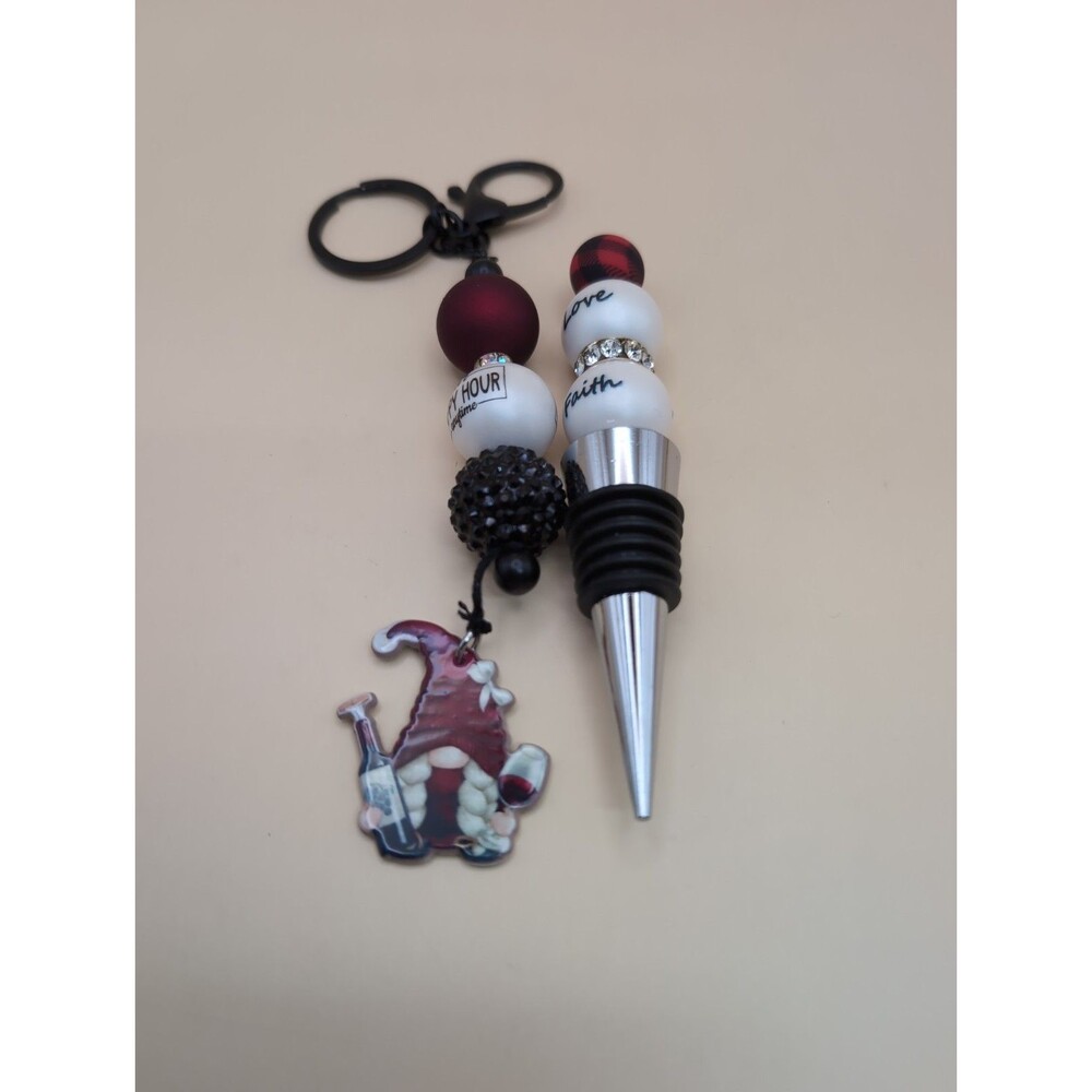 2 Piece Set Of Alcohol Wine Stopper And Keychain With Gnome Happy Hour Red